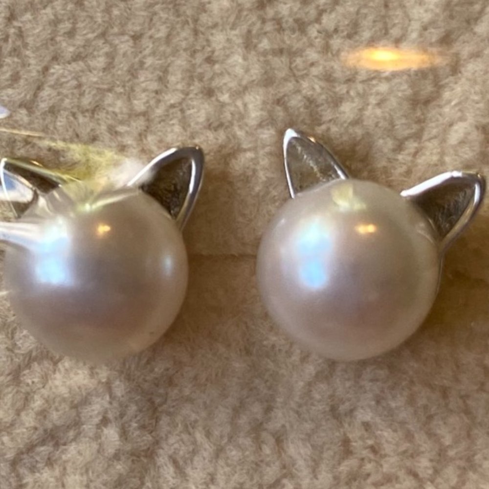 Cat Ears Sterling Silver Pearl Earrings  NIB